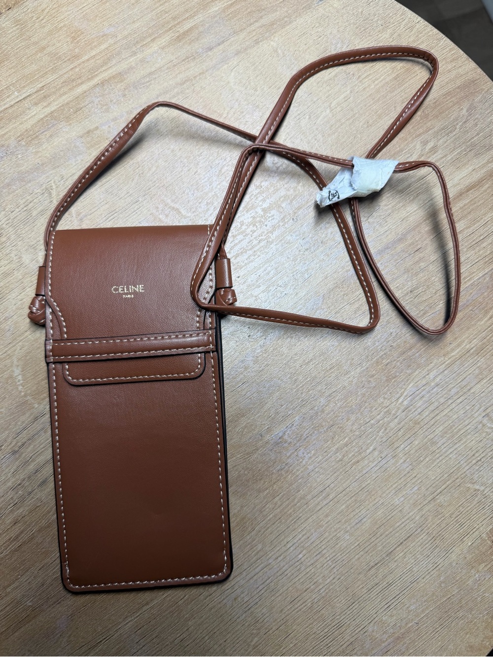 Celine Tan/Brown Leather Crossbody Phone Pouch with Strap